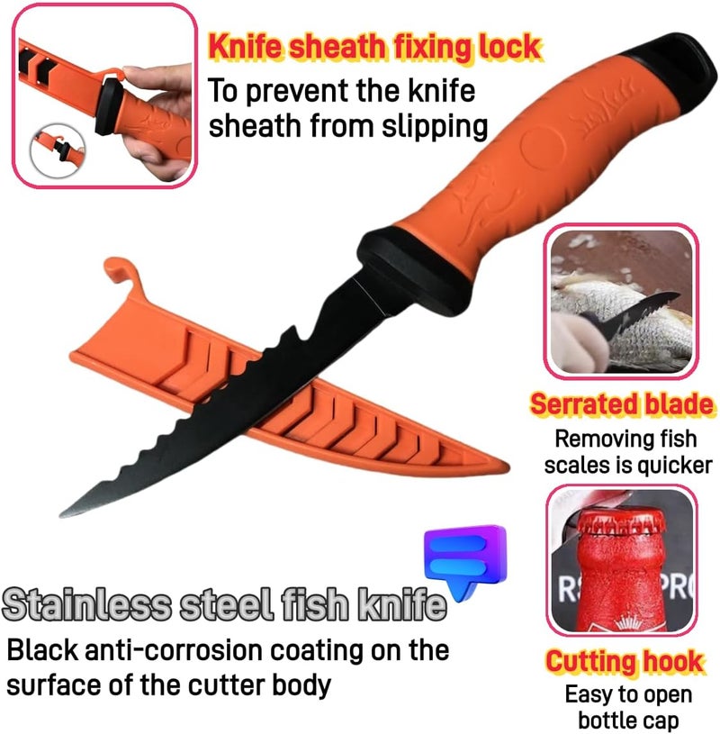 HOWORR 2PCS fillet knife Set, 5 & 7 inch Stainless Steel filet knife for fish, Fishing Gear, Fishing Tool Set, Fishing Accessories Gifts, Non-Slip Handles, with Sharpener and Cutting Resistant Gloves, Orange - Image 3
